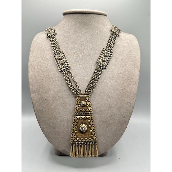 Vintage Etruscan Revival Necklace Multi Chain Fringe Tassel Antiqued Gold Tone - Picture 7 of 11